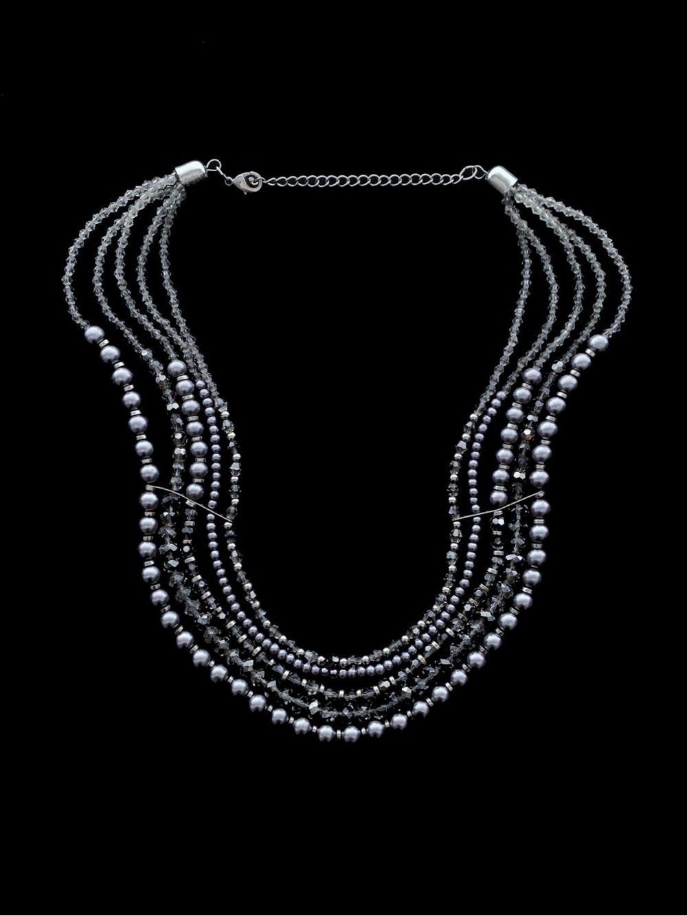Multi-Strand Grey Pearl / Faceted Crystal Metallic Seed Bead Waterfall Necklace